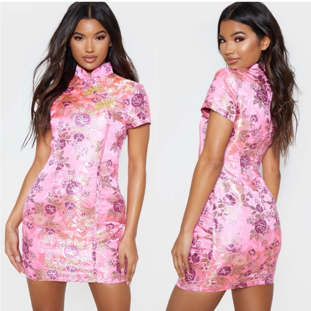 PrettyLittleThing Pink and Gold Patterned Fabric